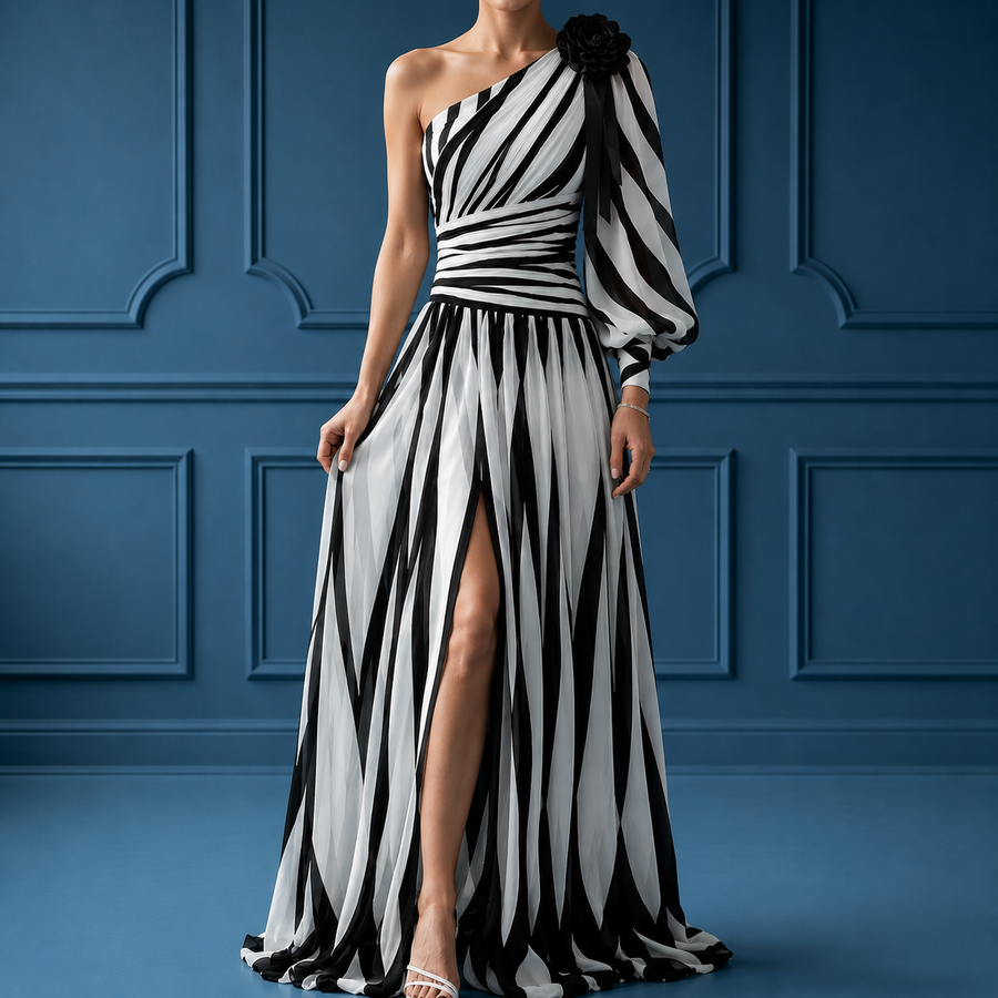 Women's Floor Length Evening Gown | One Shoulder Striped Maxi Pleated