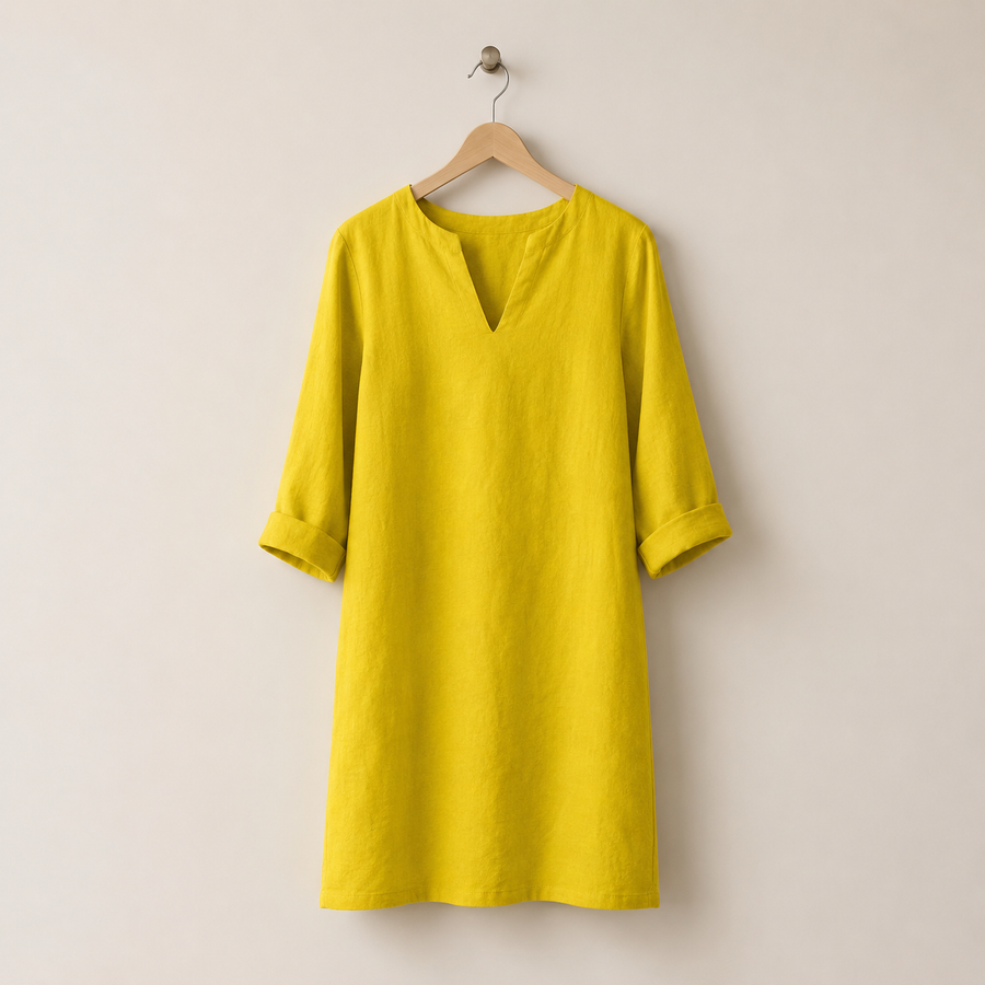 Women's Linen Dress | V-Neck Midi Three-Quarter Sleeve