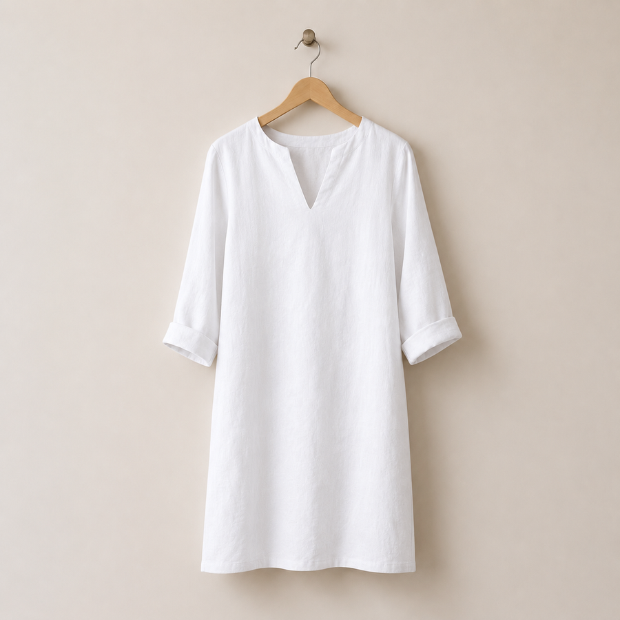 Women's Linen Dress | V-Neck Midi Three-Quarter Sleeve