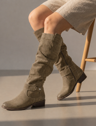 Women's Knee High Boots | Suede Slouch Mid Calf Block Heel