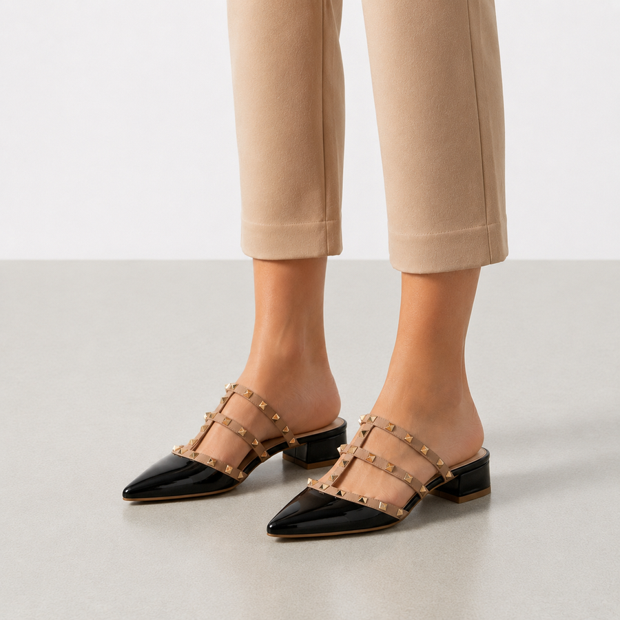 Women's Studded Mules | Pointed Toe Block Heel Slip-On