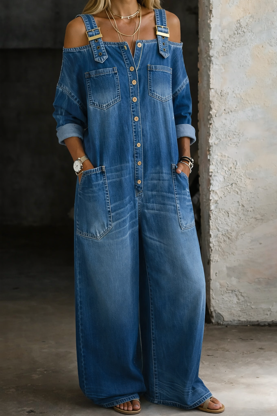 Women's Denim Jumpsuit | Cold Shoulder Button Front Maxi