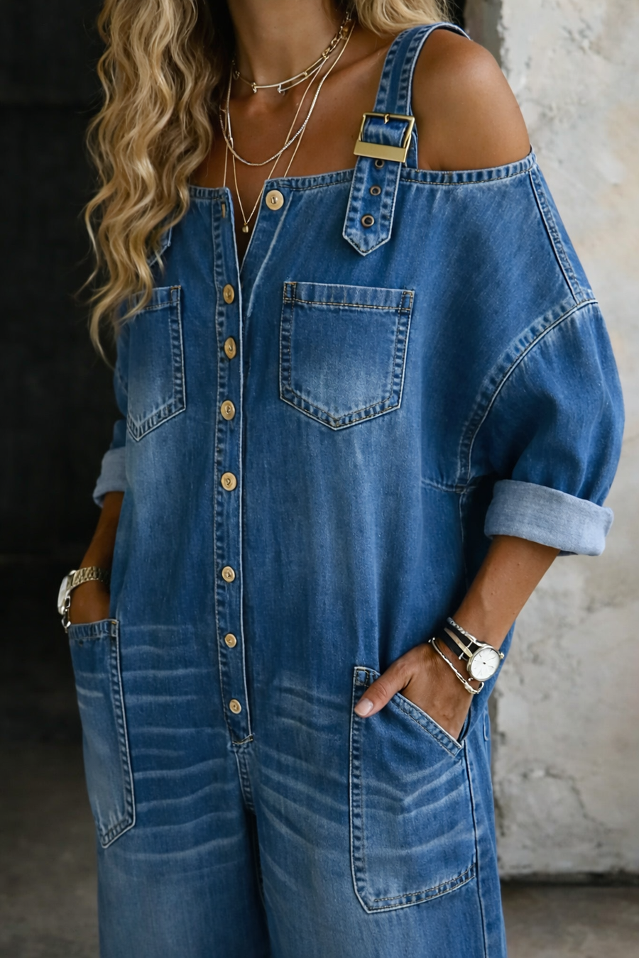 Women's Denim Jumpsuit | Cold Shoulder Button Front Maxi