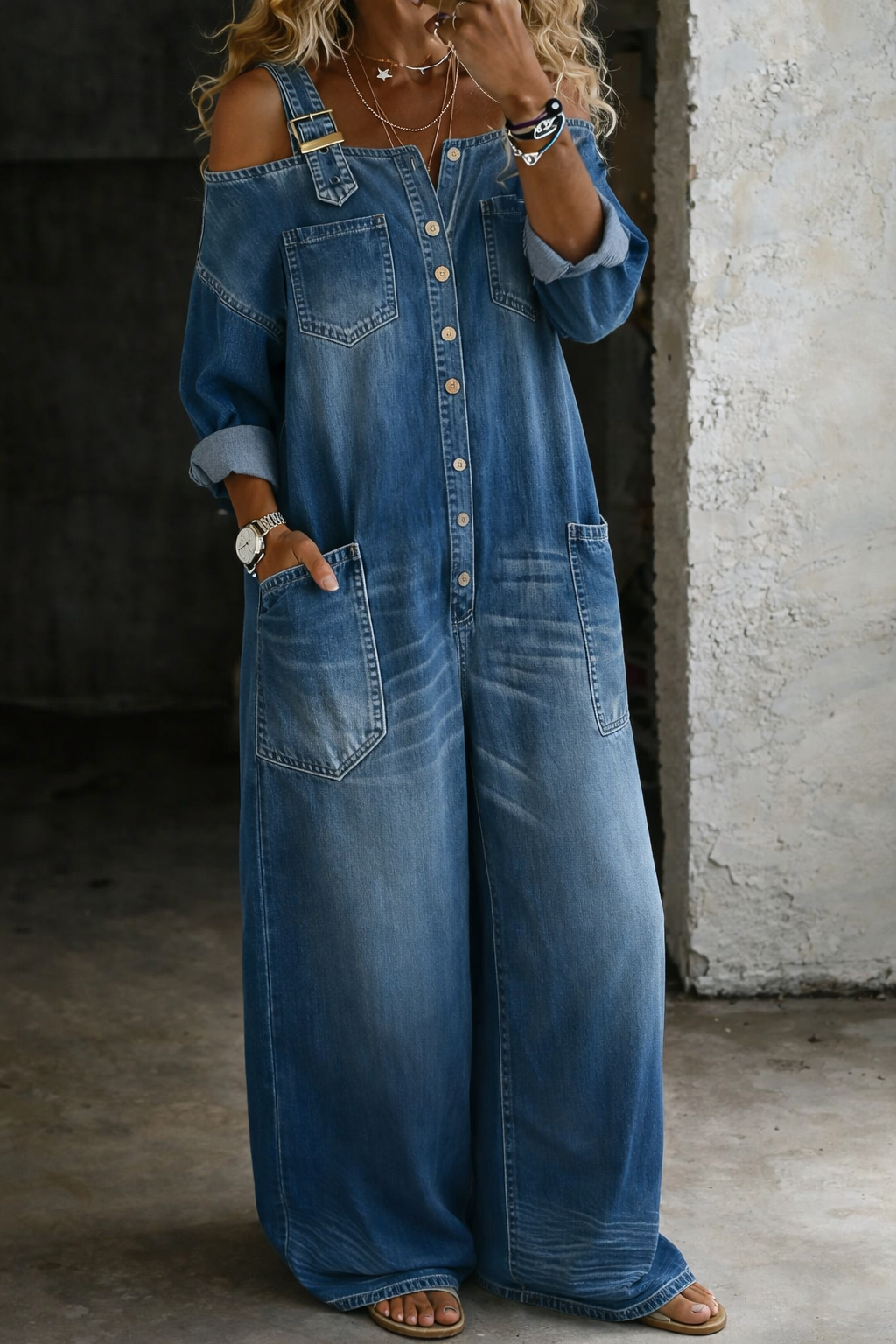 Women's Denim Overall | Cold Shoulder Button Front Wide Leg