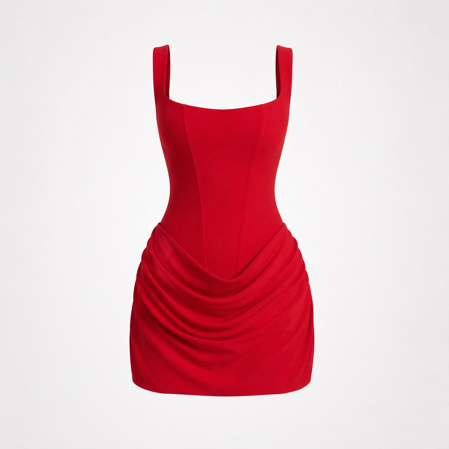Women's Red Dress | Mini Corset Neckline Square Sleeveless Draped
