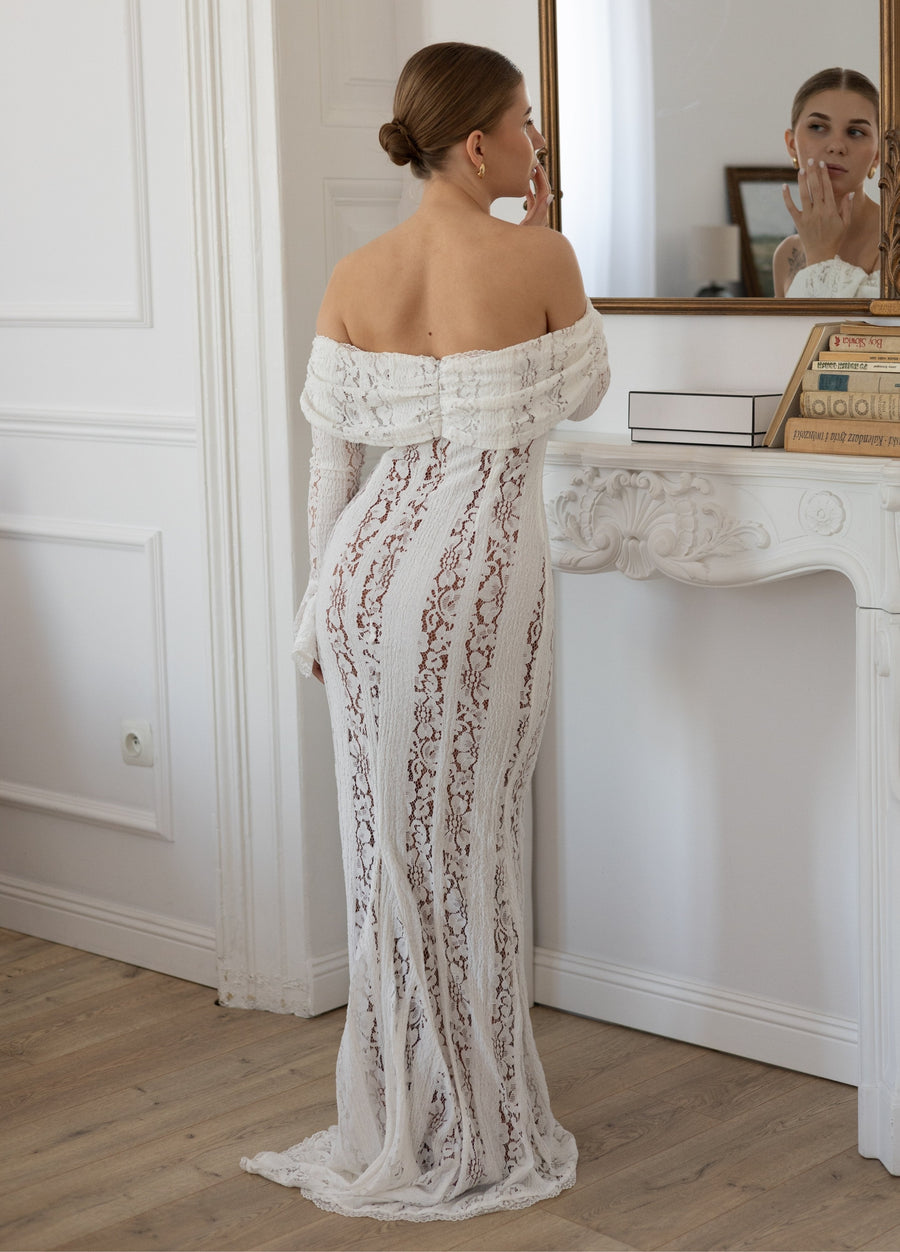 Women's White Dress | Maxi Lace Off-Shoulder Long Sleeve