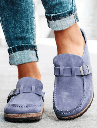 Women's ergonomic slip-on clogs with comfortable cork sole. Ideal casual everyday flats for versatile wear.