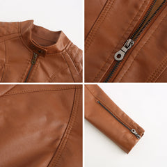 Women's Leather Jacket | Stand Collar Zip Closure Long Sleeve
