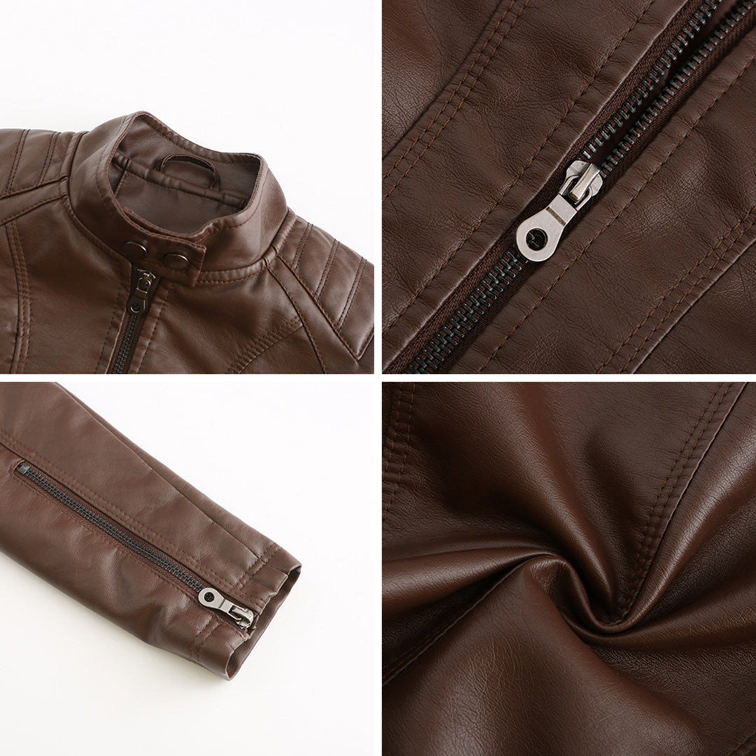 Women's Leather Jacket | Stand Collar Zip Closure Long Sleeve