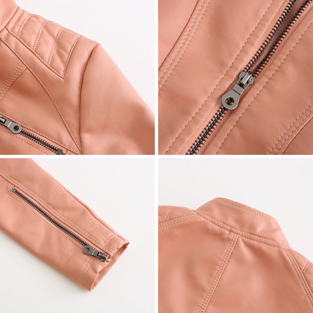 Women's Leather Jacket | Stand Collar Zip Closure Long Sleeve