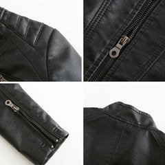 Women's Leather Jacket | Stand Collar Zip Closure Long Sleeve