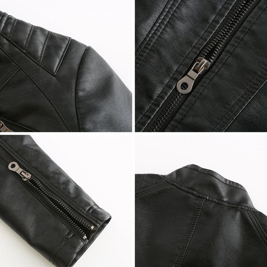 Women's Leather Jacket | Stand Collar Zip Closure Long Sleeve