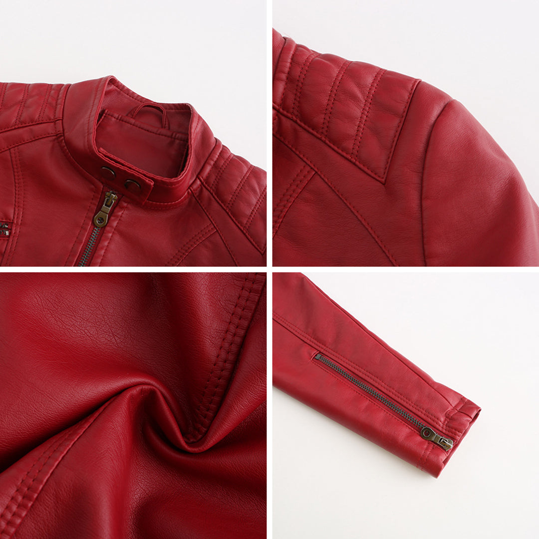 Women's Leather Jacket | Stand Collar Zip Closure Long Sleeve