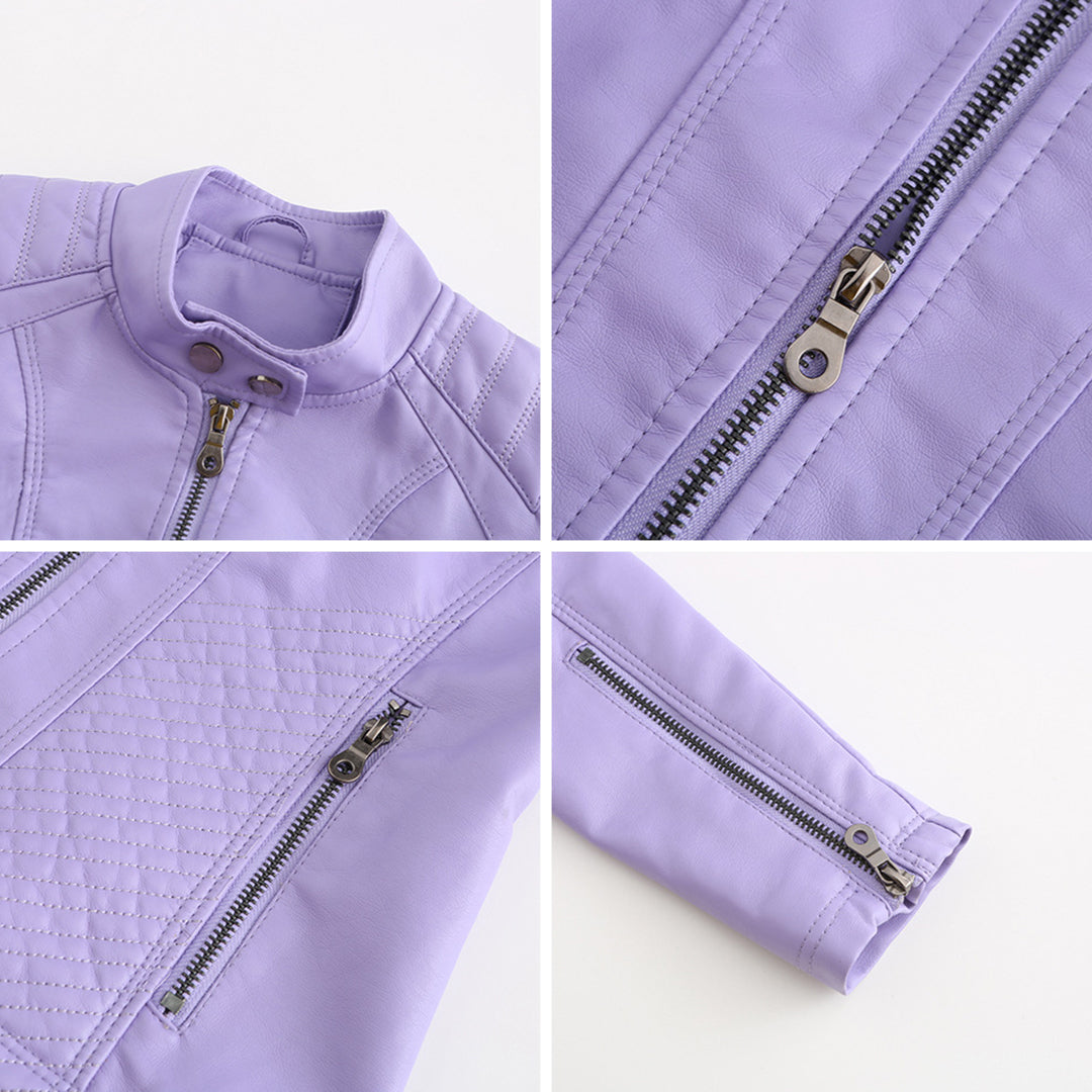 Women's Leather Jacket | Stand Collar Zip Closure Long Sleeve