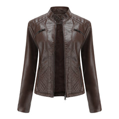Women's Leather Jacket | Stand Collar Zip Closure Long Sleeve