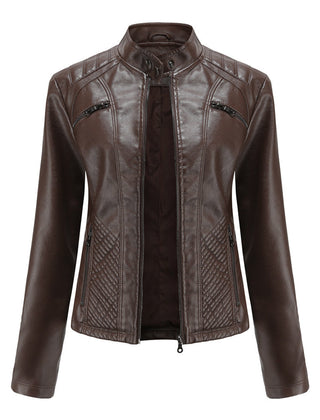 Women's Leather Jacket | Stand Collar Zip Closure Long Sleeve