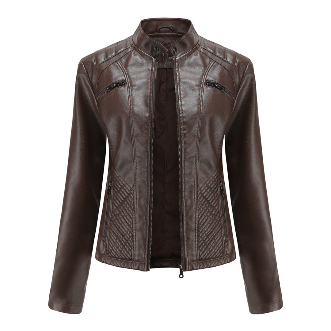Women's Leather Jacket | Stand Collar Zip Closure Long Sleeve