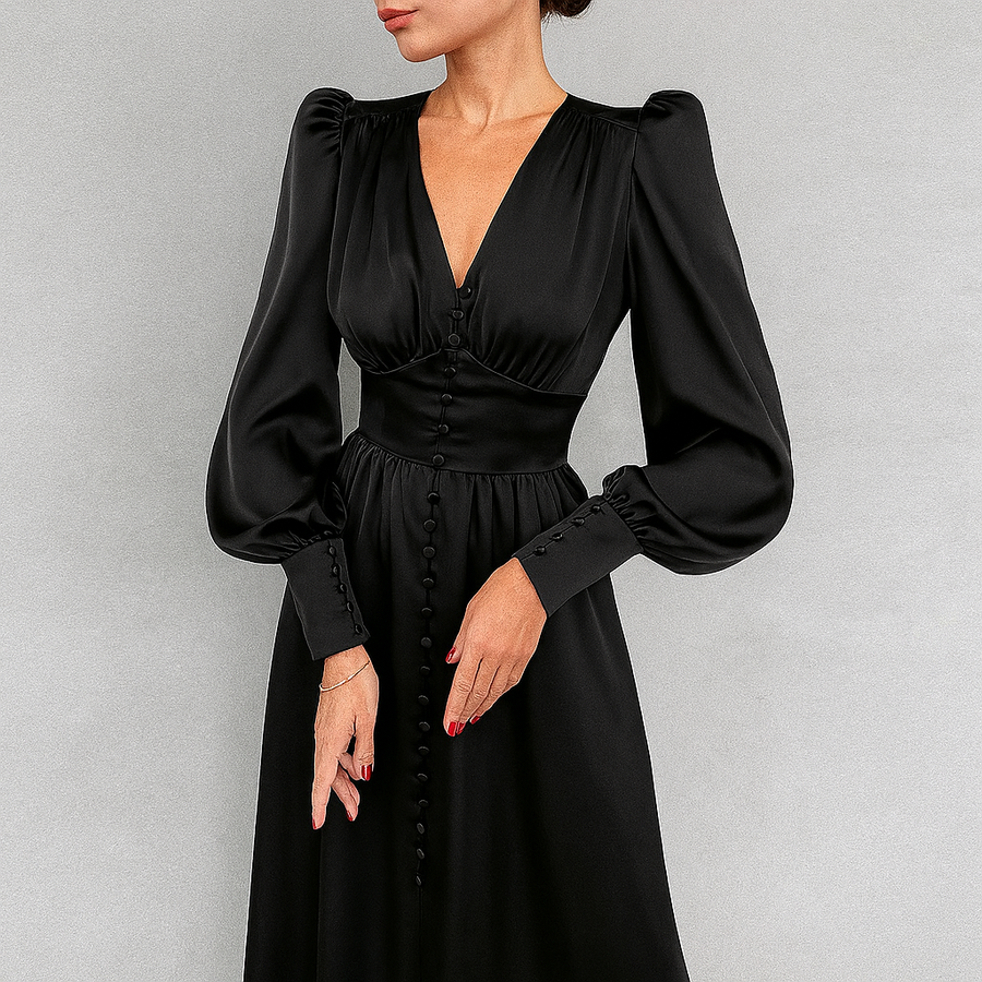 Women's Mother Of The Bride Dress | Midi V-Neck Puff Sleeve Button Front