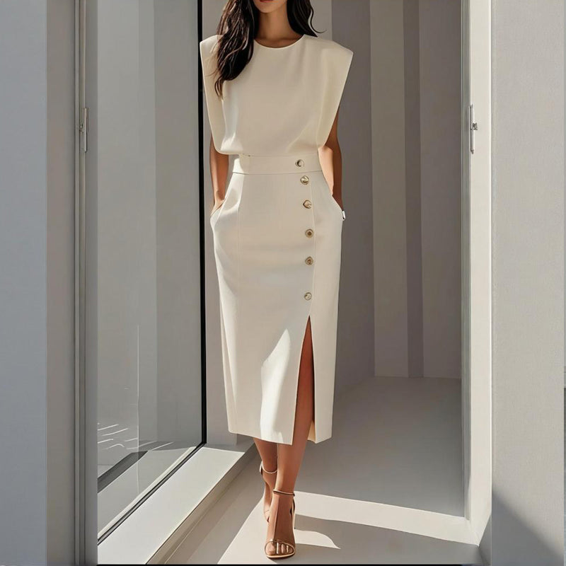 Women's Work Xmas Party Dress | Midi Button Closure Side Split