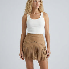 Women's Skort | Mini Length Faux Suede Fringe Detail