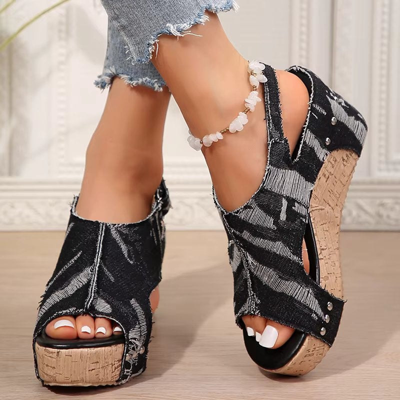 Women's Chunky Sandals | Open Toe Denim Cork Wedge