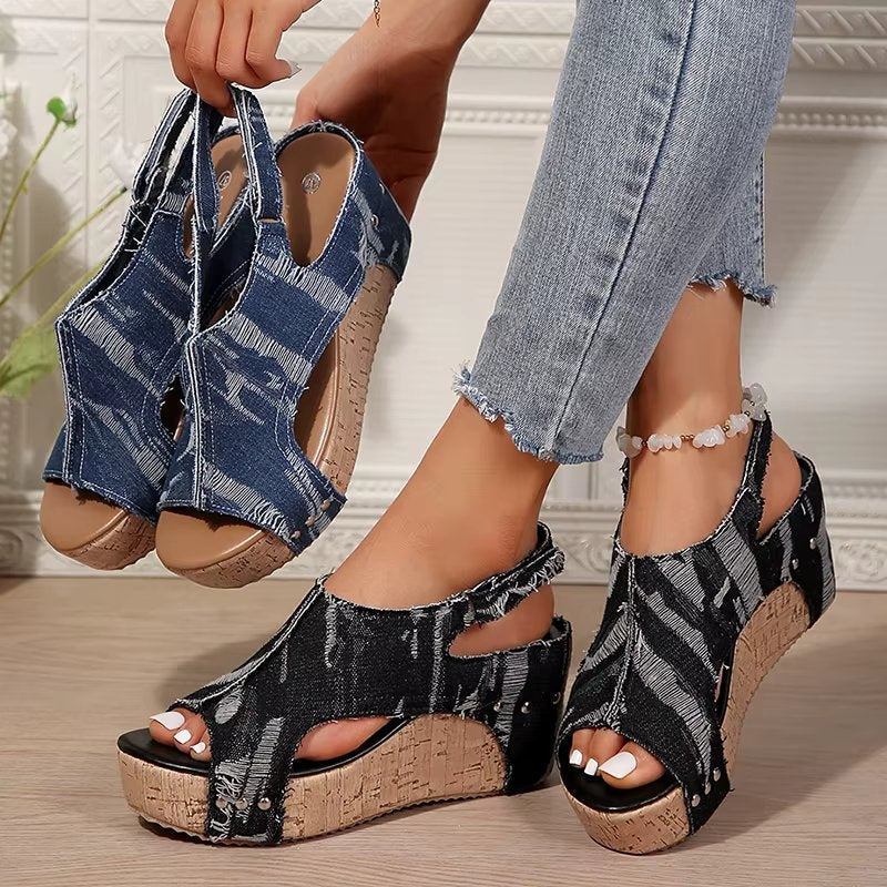 Women's Chunky Sandals | Open Toe Denim Cork Wedge