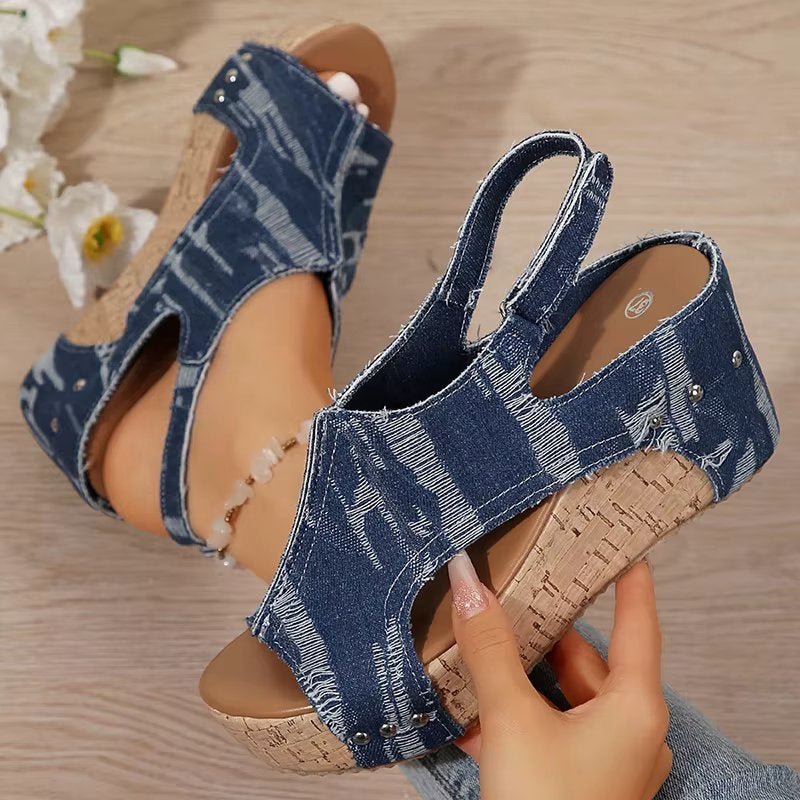 Women's Chunky Sandals | Open Toe Denim Cork Wedge