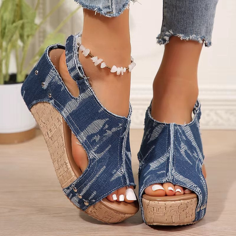 Women's Chunky Sandals | Open Toe Denim Cork Wedge