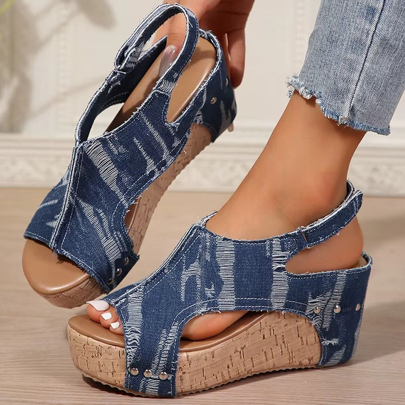 Women's Chunky Sandals | Open Toe Denim Cork Wedge