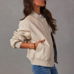 Women's Leather Jacket | Relaxed Bomber Zip-Front Ribbed