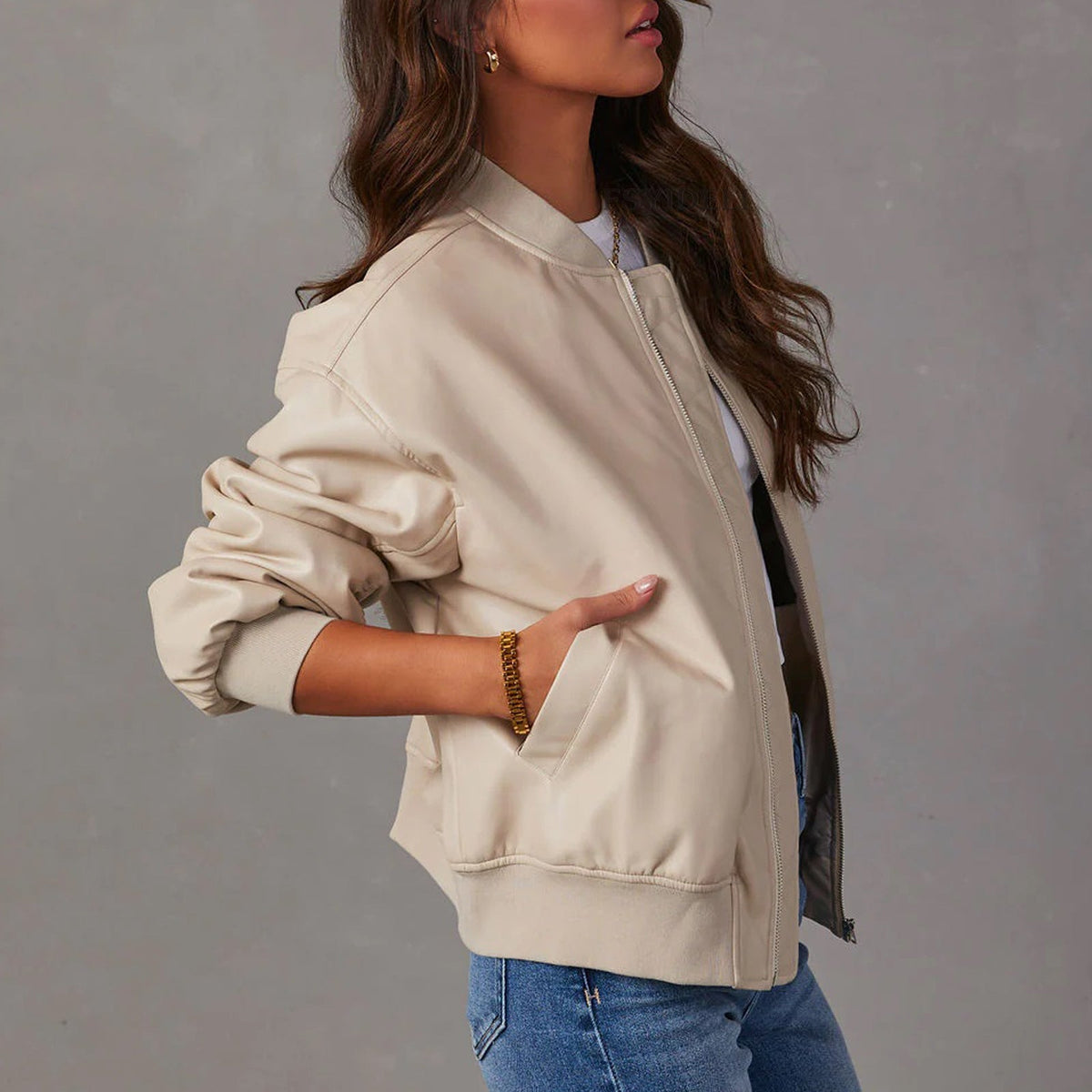 Women's Leather Jacket | Relaxed Bomber Zip-Front Ribbed