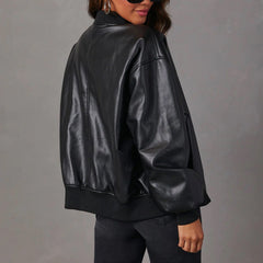 Women's Leather Jacket | Relaxed Bomber Zip-Front Ribbed