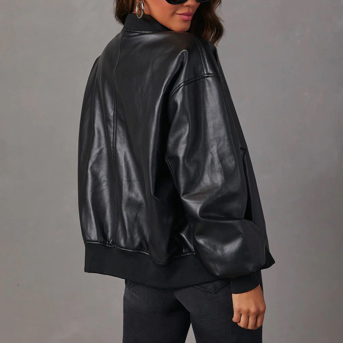 Women's Leather Jacket | Relaxed Bomber Zip-Front Ribbed