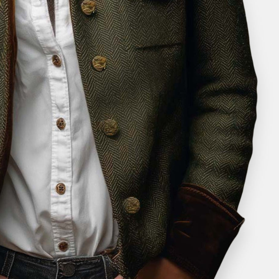 Women's Leather Jacket | Herringbone Tweed Button Closure Tailored