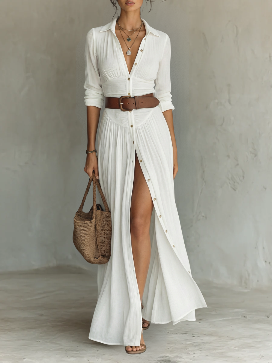 Women's White Dress | Maxi Length Collared Button Front Long Sleeve
