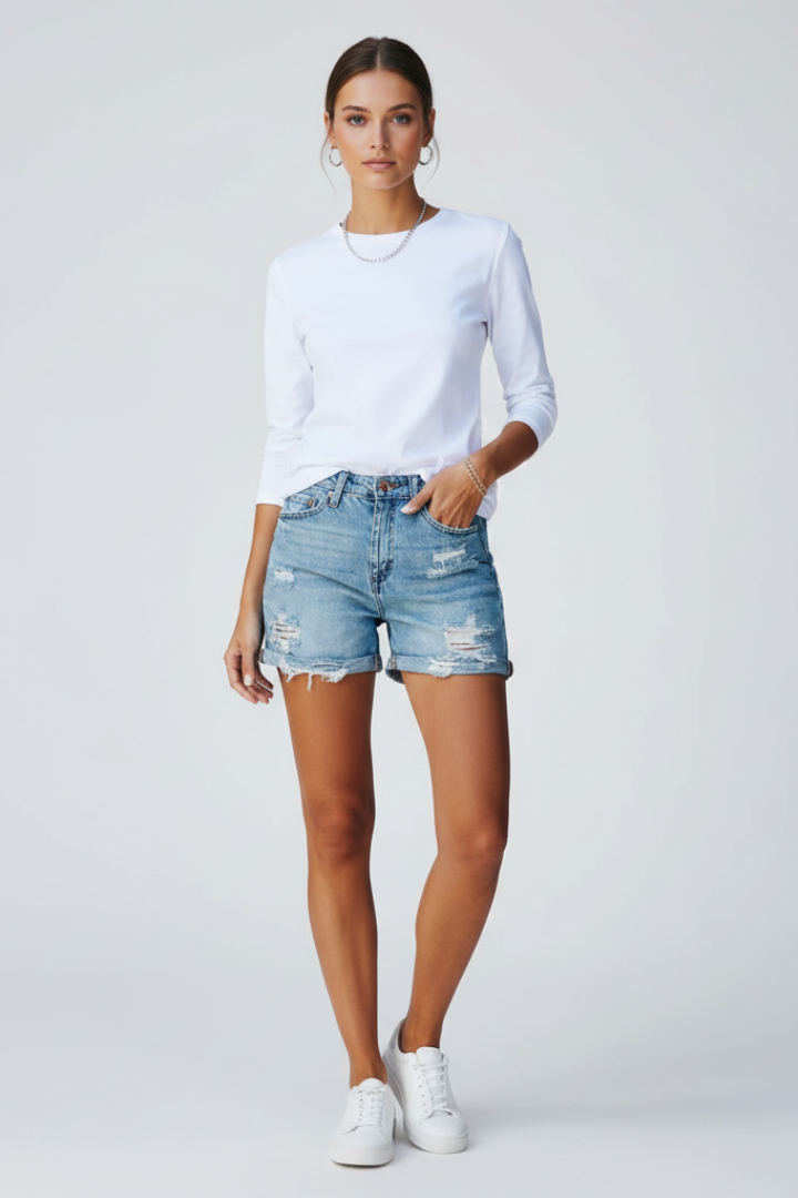 Women's Denim Shorts | Distressed Ripped Hem Button Fly