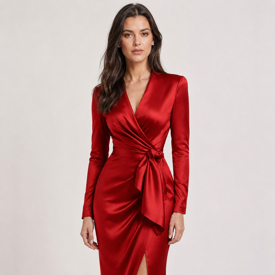 Women's Red Dress | Midi Length V-Neck Long Sleeve Wrap Satin