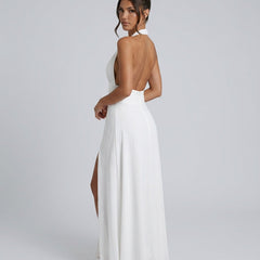 Women's Wedding Guest Dress | Maxi Halter Neck Leg Slit Polyester