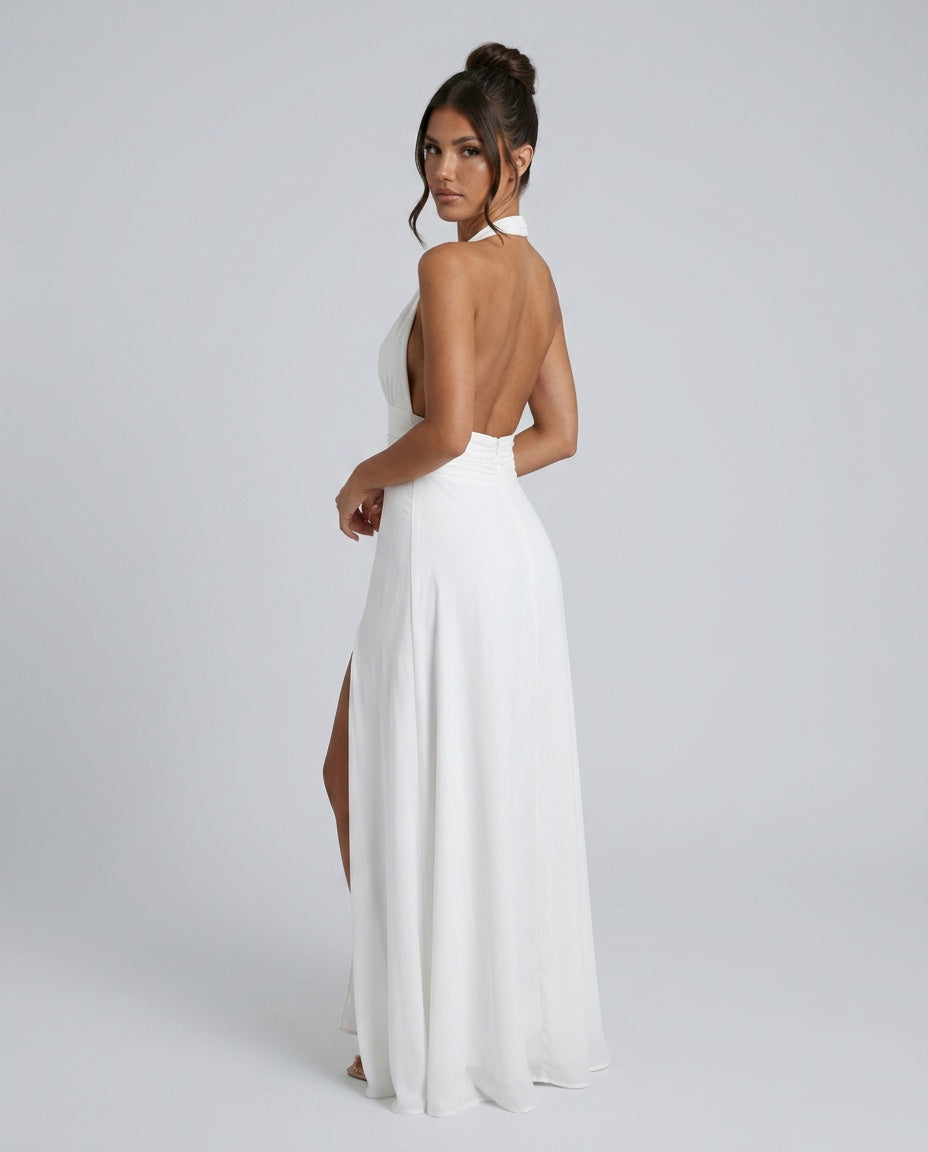 Women's Wedding Guest Dress | Maxi Halter Neck Leg Slit Polyester