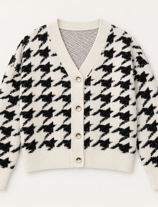 Women's Cropped Cardigan | V Neck Houndstooth Knit Button Front