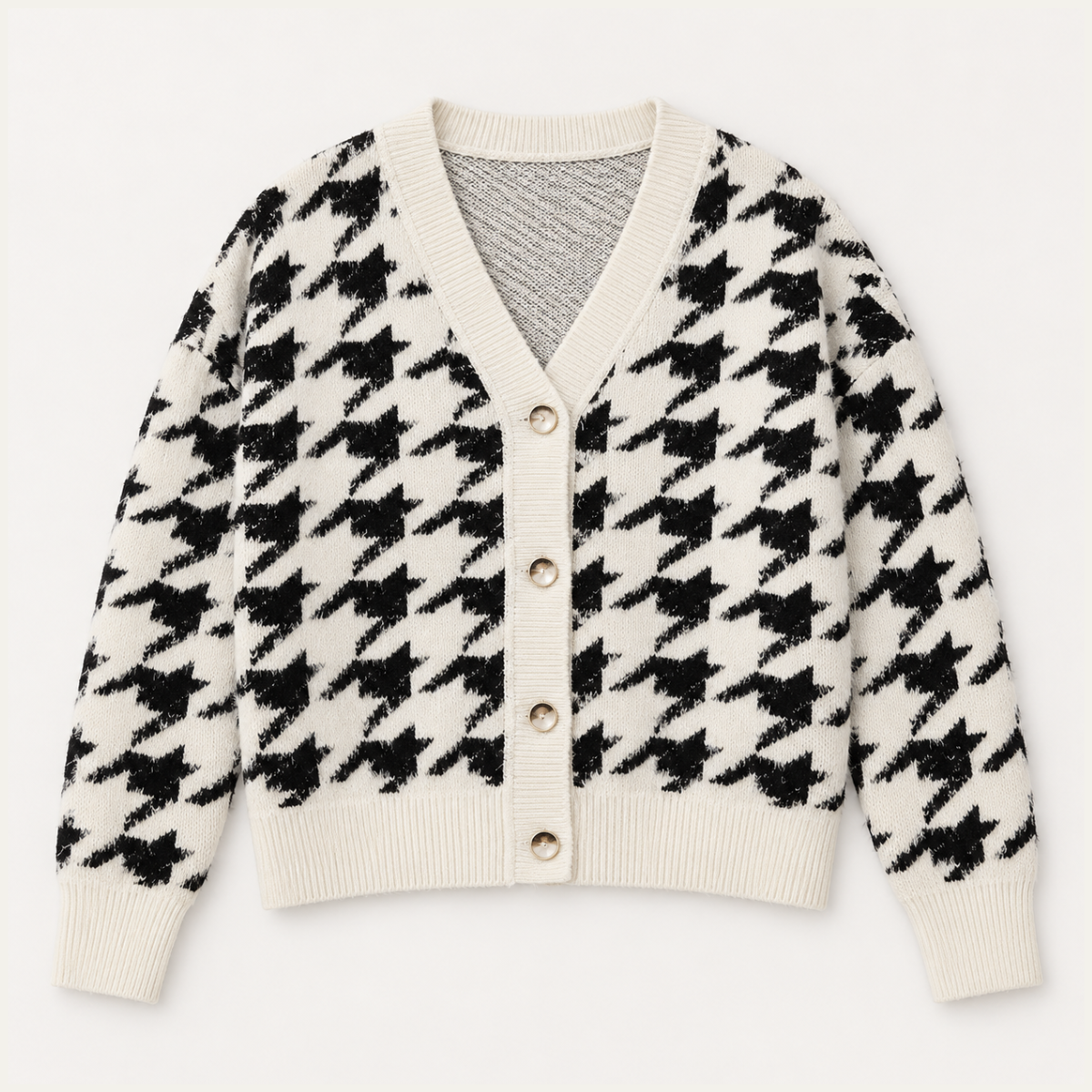 Women's Cropped Cardigan | V Neck Houndstooth Knit Button Front