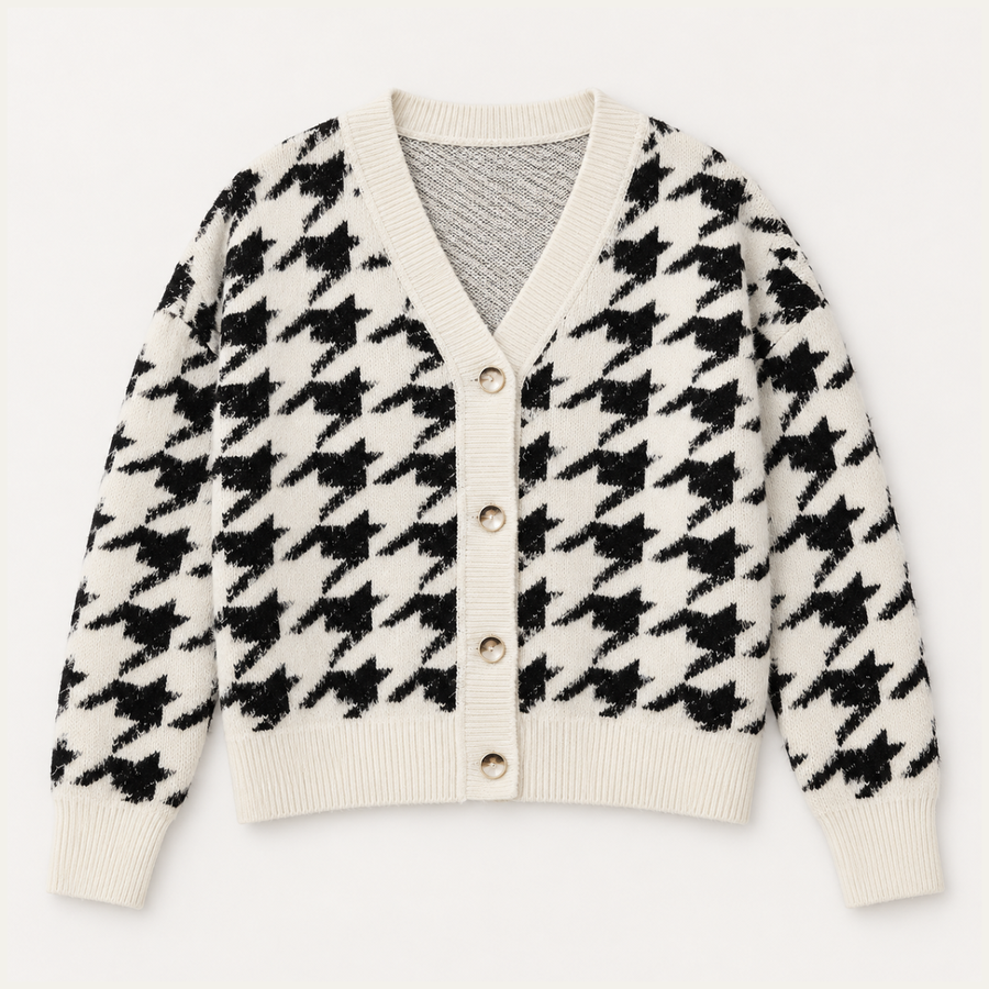 Women's Cropped Cardigan | V Neck Houndstooth Knit Button Front