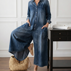 Women's Denim Jumpsuit | Button Front Relaxed Fit Wide Leg