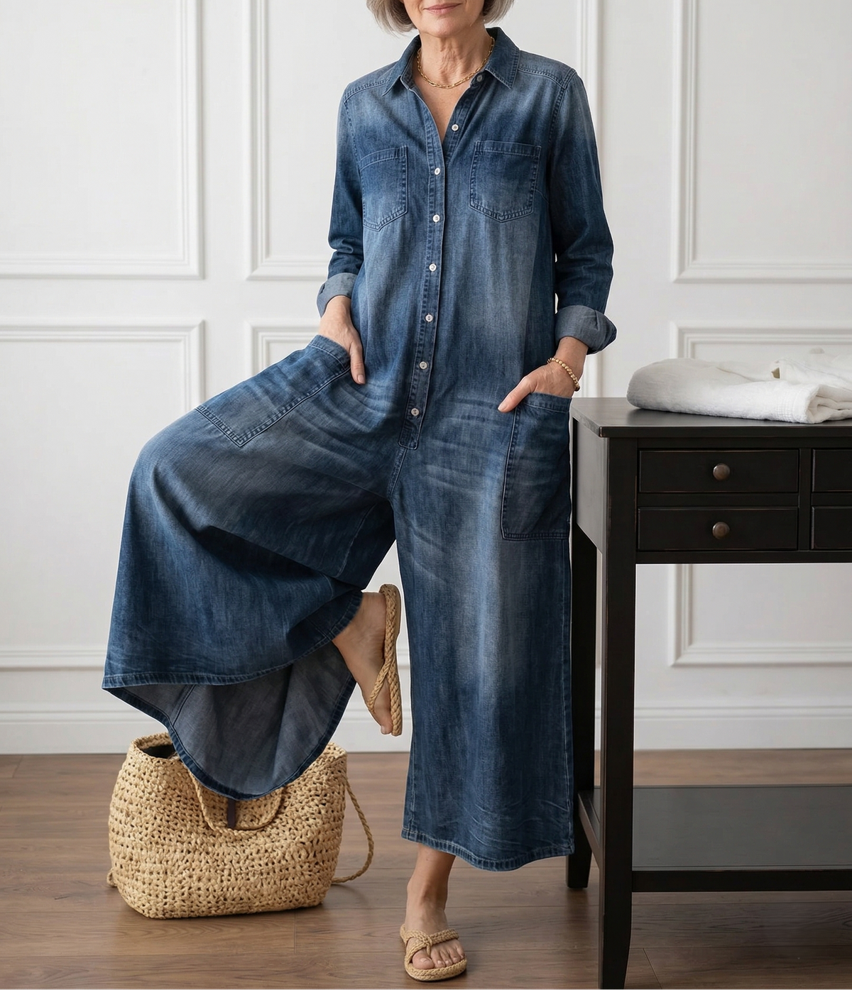 Women's Denim Jumpsuit | Button Front Relaxed Fit Wide Leg
