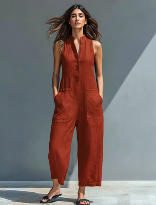 Women's Playsuit | Stand Collar Button Front Sleeveless Linen
