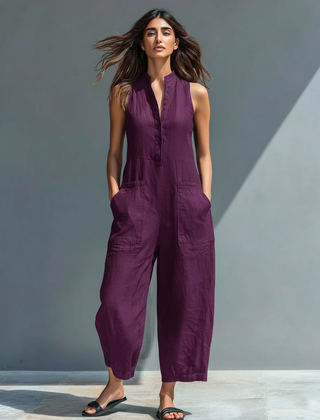 Women's Playsuit | Stand Collar Button Front Sleeveless Linen