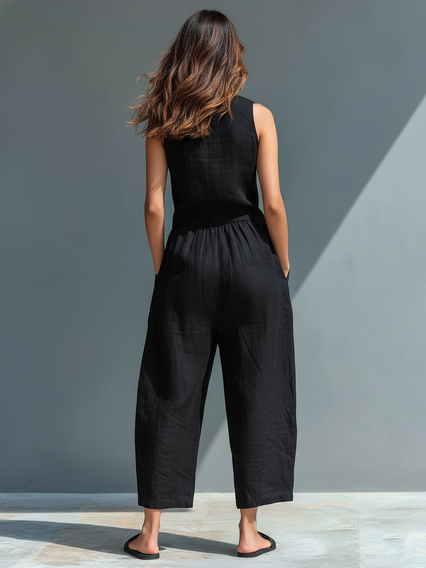 Women's Playsuit | Stand Collar Button Front Sleeveless Linen