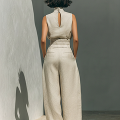 Women's Linen Pants | High Neck Sleeveless Turtleneck Pleated Wide Leg