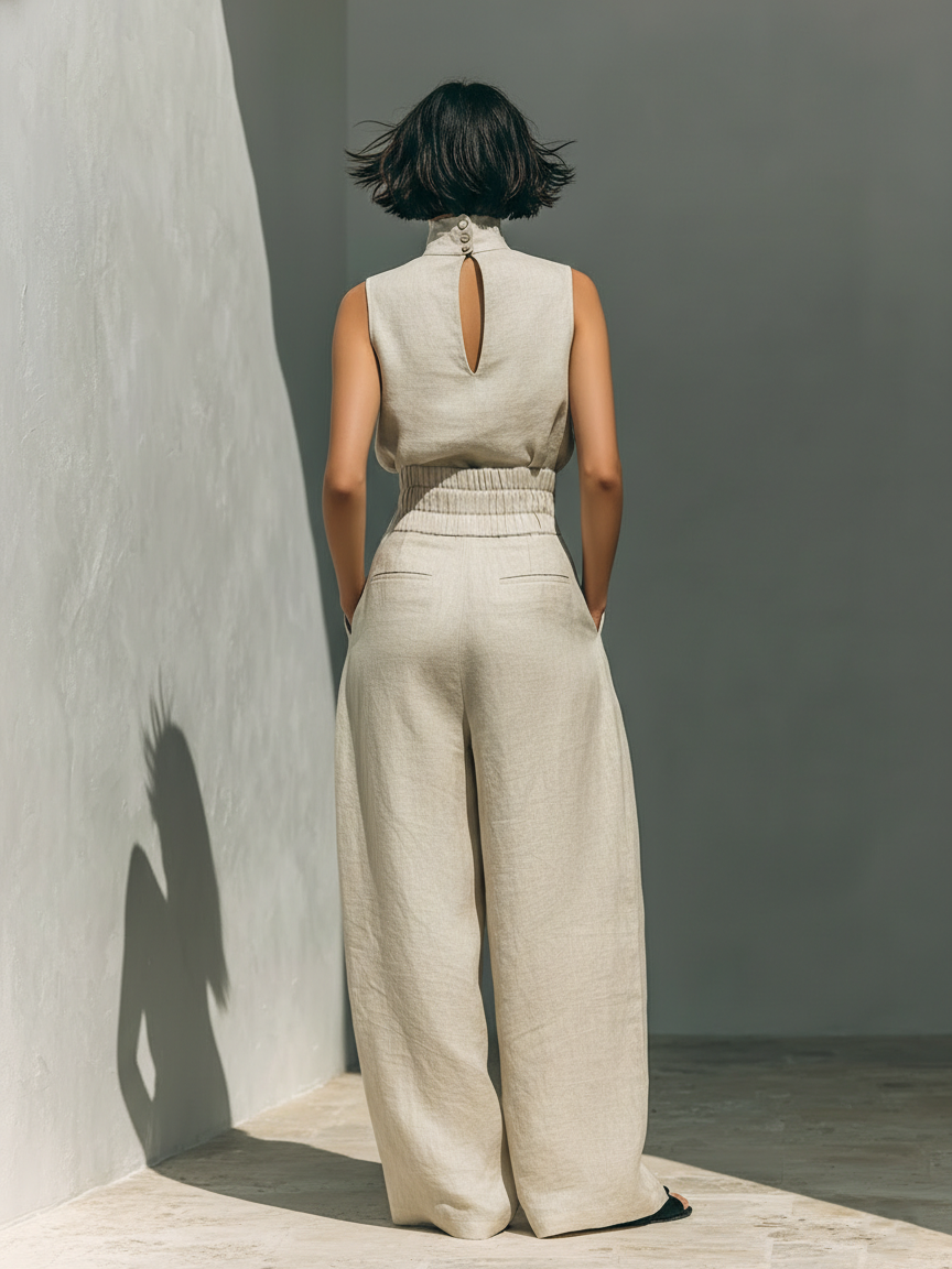 Women's Linen Pants | High Neck Sleeveless Turtleneck Pleated Wide Leg