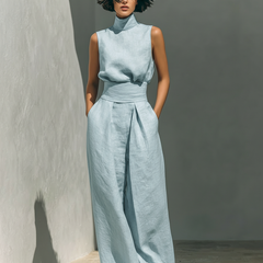 Women's Linen Pants | High Neck Sleeveless Turtleneck Pleated Wide Leg